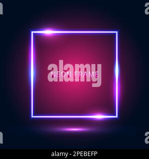 Cornice blu quadrata al neon su sfondo rosa blu scuro. Illustrazione Vettoriale