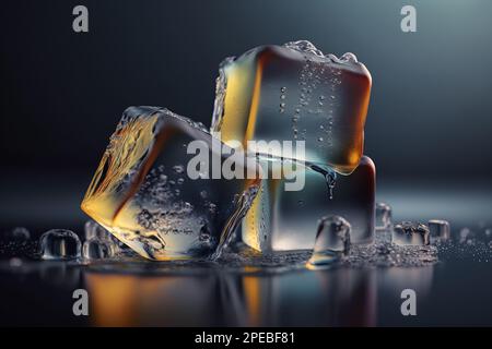 Sciogliere i cubetti di ghiaccio con gocce d'acqua su un tavolo. Ghiaccio chiaro a forma di cubo. Acqua congelata. Macchina per il ghiaccio. Cubetti di ghiaccio in plastica o acrilico finti o artificiali, sul retro Foto Stock