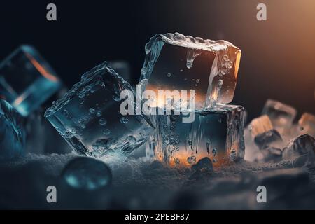 Sciogliere i cubetti di ghiaccio con gocce d'acqua su un tavolo. Ghiaccio chiaro a forma di cubo. Acqua congelata. Macchina per il ghiaccio. Cubetti di ghiaccio in plastica o acrilico finti o artificiali, sul retro Foto Stock