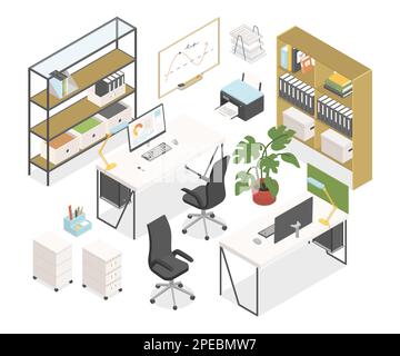 Ufficio di lavoro - moderno vettore colorato isometrico set di oggetti Illustrazione Vettoriale
