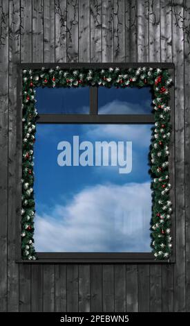riflesso di cielo nuvoloso blu in finestra decorata per le vacanze Foto Stock
