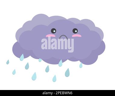Triste carino nuvola piovente. Bella previsione espressione emotiva vettore illustrazione del cartone animato Illustrazione Vettoriale