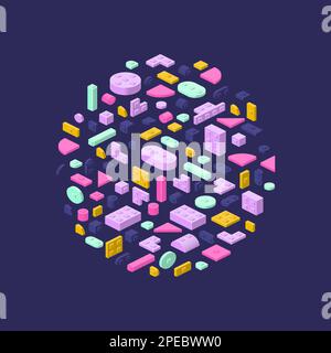 Cerchio di fondo in blocchi di plastica in stile isometrico per la stampa e la progettazione. Illustrazione vettoriale. Illustrazione Vettoriale