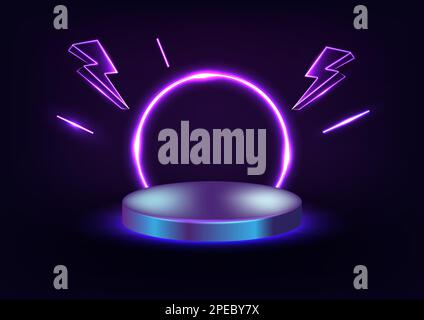 Palco al neon vuoto per la sostituzione del prodotto con futuristici cerchi blu e rosa sfondo chiaro al neon. Illustrazione Vettoriale