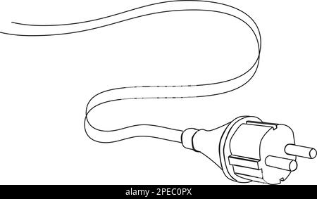 disegno a linea singola continuo di spina elettrica e cavo di alimentazione, illustrazione vettoriale line art Illustrazione Vettoriale