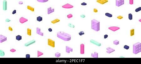 Sfondo orizzontale dei blocchi di plastica in stile isometrico per la stampa e la progettazione. Illustrazione vettoriale. Illustrazione Vettoriale