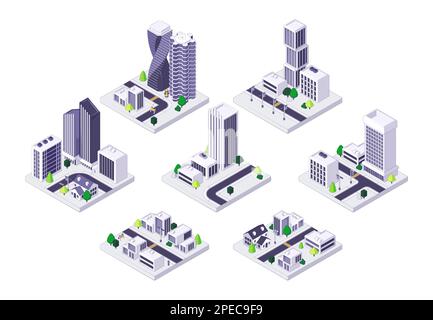 Strade isometriche della città. Quartiere della città con grattacieli appartamenti e uffici case, isolato residenziale urbano con traffico. Illustrazione vettoriale Illustrazione Vettoriale
