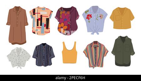Moda donna camicie, top, bluse vettore set. Illustrazione Vettoriale