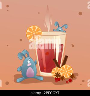 Simpatici conigli grigi in miniatura che goofing intorno ad una tazza di VIN brulé. Intorno alla tazza si trovano arance, spezie, bacche e cannella. Illustrazione Vettoriale