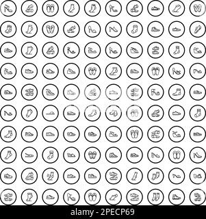 100 icone calzature impostate. Illustrazione schematica di 100 icone di calzature vettore set isolato su sfondo bianco Illustrazione Vettoriale