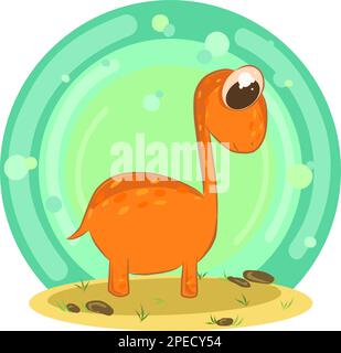 Cartoon arancio dipladogus su sabbia con rocce. Sfondo verde con evidenziazioni e cerchi. Vettore. Illustrazione Vettoriale