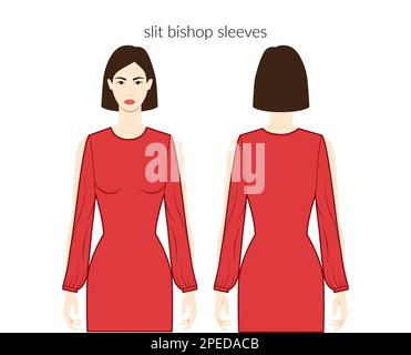 Spacco maniche a busto lunghezza lunga vestiti carattere bella donna in top rosso, camicia, abito tecnico di moda illustrazione con corpo adattato. Modello di abbigliamento piatto anteriore, posteriore. Donne, uomini beffa unisex Illustrazione Vettoriale