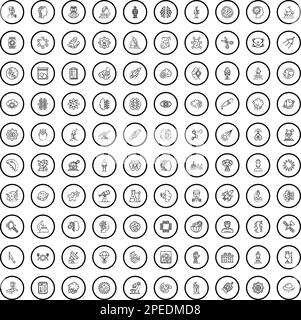 set di 100 icone scientifiche. Illustrazione di un vettore di 100 icone scientifiche isolato su sfondo bianco Illustrazione Vettoriale