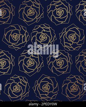 Motivo senza cuciture Roses. Rose con profilo dorato su sfondo blu scuro. Illustrazione vettoriale disegnata a mano per design, tessuti, decorazioni, carta da imballaggio, ecc. Illustrazione Vettoriale