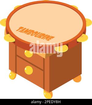 Vettore isometrico dell'icona della tamburina. Strumento musicale a percussione su comodino in legno. Concetto di musica e arte Illustrazione Vettoriale