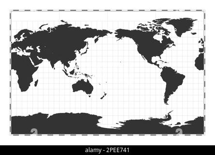 Mappa del mondo vettoriale. Proiezione stereografica cilindrica. Mappa geografica del mondo con linee di latitudine e longitudine. Centrato a 180deg longitudine. Illustrazione Vettoriale