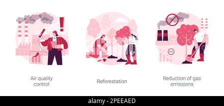 Contenimento del set di illustrazioni vettoriali di concetto astratto di riscaldamento globale. Controllo della qualità dell'aria, rimboschimento, riduzione delle emissioni di gas, cambiamento climatico, impronta di carbonio, metafora astratta dei boschi. Illustrazione Vettoriale