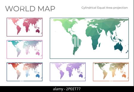 Mappa mondo Poly bassa impostata. Proiezione cilindrica ad area uguale. Collezione di mappe del mondo in stile geometrico. Illustrazione vettoriale. Illustrazione Vettoriale