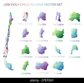 Regioni cilene a bassa poly. Mappa poligonale del Cile con regioni. Mappe geometriche per il progetto. Illustrazione creativa del vettore. Illustrazione Vettoriale