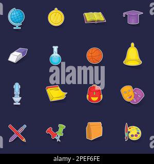 Le icone della scuola impostano il vettore della collezione di stkers con l'ombra su sfondo viola Illustrazione Vettoriale