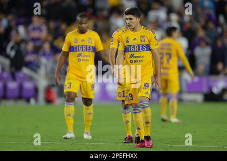 Orlando, Florida, Stati Uniti. 15 marzo 2023: Tigres UANL Forward NICOLAS IBANEZ (9) cammina durante la 2023 Scotiabank CONCACACAF Champions League Orlando City vs Tigers UANL partita di calcio all'Exploria Stadium di Orlando, Florida, il 15 marzo 2023. (Credit Image: © Cory Knowlton/ZUMA Press Wire) SOLO PER USO EDITORIALE! Non per USO commerciale! Credit: ZUMA Press, Inc./Alamy Live News Foto Stock