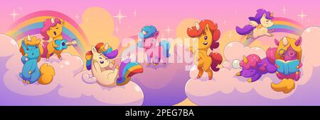 Set di cartoni animati contemporanei di simpatici unicorni arcobaleno su sfondo cielo. Illustrazione vettoriale di personaggi pony con corno cantare, suonare la chitarra, leggere il libro, dormire, sorridere, saltando sulle nuvole Illustrazione Vettoriale