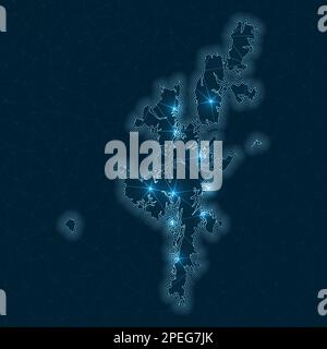 Mappa della rete continentale. Mappa geometrica astratta dell'isola. Progettazione di connessioni digitali e telecomunicazioni. Rete Internet luminosa. Illustrazione Vettoriale