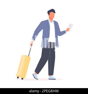 Uomo in viaggio d'affari con un bagaglio. Il personaggio maschile cammina con una valigia e biglietti in mano. Concetto di viaggio d'affari. Illustrazione del vettore piatto Illustrazione Vettoriale
