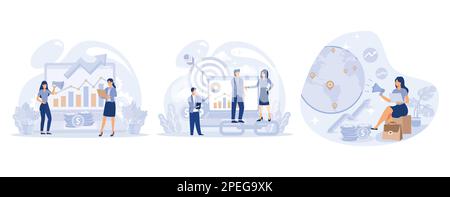 Strategia di marketing globale concetto, team di marketing, programma di affiliazione target, macromarketing, campagna di promozione internet, comportamento del consumatore, impostare su piano Illustrazione Vettoriale
