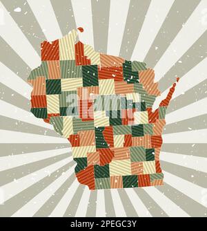 Mappa d'epoca del Wisconsin. Poster grunge con mappa dello stato degli Stati Uniti nella tavolozza dei colori rétro. Forma del Wisconsin con sfondo a raggi solari. Illustrazione Vettoriale