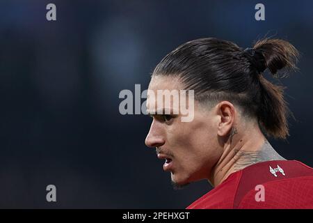 Madrid, Spagna. 15th Mar, 2023. Il Nunez Darwin di Liverpool reagisce durante la partita UEFA Champions League di 16 2nd tappa tra il Real Madrid e il Liverpool FC a Madrid, in Spagna, il 15 marzo 2023. Credit: Meng Dingbo/Xinhua/Alamy Live News Foto Stock