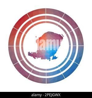 Badge Lombok. Logo a gradiente luminoso dell'isola in basso stile poly. Multicolore Lombok segno arrotondato con mappa in stile geometrico per le vostre infografiche. Illustrazione Vettoriale