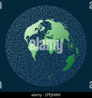 Mappa astratta del mondo delle telecomunicazioni. Proiezione equidistante azimutale. Mappa verde a basso mondo poly con sfondo di rete. Fantastico mondo connesso per Illustrazione Vettoriale