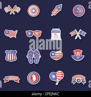 Le icone del giorno di indipendenza impostano il vettore della collezione dei stkers con l'ombra sullo sfondo viola Illustrazione Vettoriale