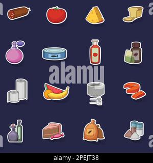 Supermercato reparto icone impostare vettore collezione stkers con ombra su sfondo viola Illustrazione Vettoriale