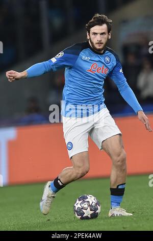 Napoli, Italia. 15th Mar, 2023. Khvicha Kvaratskhelia di SSC Napoli in azione durante la partita della UEFA Champions League tra SSC Napoli vs Eintracht Francoforte a Diego Armando Maradona il 15 2023 marzo a Napoli, italia (Credit Image: © Agostino Gemito/Pacific Press via ZUMA Press Wire) SOLO PER USO EDITORIALE! Non per USO commerciale! Foto Stock