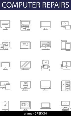 Il computer ripara le icone e i cartelli vettoriali. Computer, Assistenza, risoluzione dei problemi, risoluzione dei problemi, diagnosi, Aggiornamento, manutenzione, Ripristina vettore contorno Illustrazione Vettoriale
