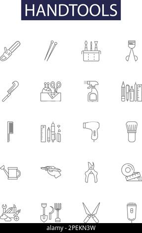 Icone e segni vettoriali per linee di strumenti manuali. Pinze, martelli, cacciaviti, trapani, seghe, File, CHISELS, Rulers contorno vettoriale set di illustrazioni Illustrazione Vettoriale