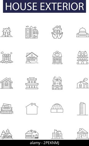 Icone e segni vettoriali linea esterna della casa. Casa, parete, Siding, Fence, tetto, Set di illustrazioni vettoriali per grondaia, porta, contorno finestra Illustrazione Vettoriale
