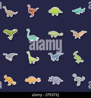 Diverse icone dei dinosauri impostano la collezione di stkers vettore con ombra su sfondo viola Illustrazione Vettoriale