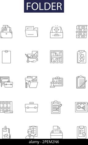 Icone e segni vettoriali delle linee di cartella. Archivio, Archivio, Organizzatore, Storeroom, raccolta, Illustrazione del vettore di contorno di indice, assieme, aggregazione Illustrazione Vettoriale