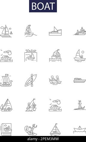 Icone e segnali vettoriali della linea della barca. artigianato, nave, gommone, canoa, kayak, schooner, zattera, barca a vela contorno vettoriale set di illustrazione Illustrazione Vettoriale