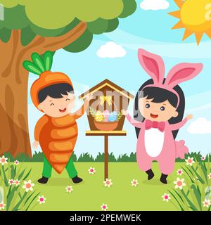 Auguri di buona Pasqua. I bambini cute stanno portando i costumi di Pasqua con il cestino delle uova decorative e lo sfondo della natura. Foto Stock