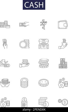 Icone e segni del vettore della linea di cassa. Valuta, capitale, fondi, pagamento, Cassa, Monete, NOTA, fatture vettoriali di contorno set di illustrazioni Illustrazione Vettoriale