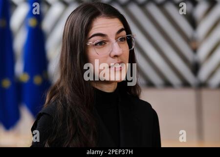 Bruxelles, Belgio. 16th Mar, 2023. Romina POURMOKHTARI, Ministro dell'ambiente, arriva a partecipare al Consiglio europeo dell'ambiente a Bruxelles, in Belgio, il 16 marzo 2023. Credit: ALEXANDROS MICHAILIDIS/Alamy Live News Foto Stock