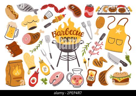 Barbecue sfondo festa con carne, hamburger, salsicce e utensili da barbecue. Collezione di 35 elementi colorati bbq isolato su bianco. Vec. Disegnata a mano Foto Stock