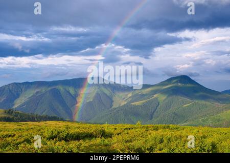 Paesaggio estivo con arcobaleno in montagna. Sole dopo la pioggia. Bellezza nella natura Foto Stock