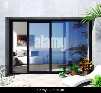 Automatico porte scorrevoli nere mare villa patio facciata mockup Foto Stock