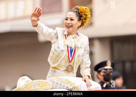 Brownsville, Texas, USA - 26 febbraio 2022: Charro Days Grand International Parade, Bianca Marroquin Amigo 2022 del festival Foto Stock