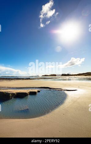 Vista del castello di Dunstaburgh sulla costa del Northumberland, da Low Newton al castello di Dunstanburgh fotografato sotto il sole di marzo e le piscine con bassa marea Foto Stock